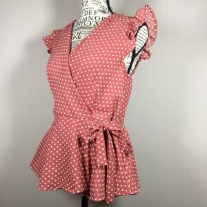Coral with white polka dot fit ‘n flare top 1950s 50s rocker tie at side sz S